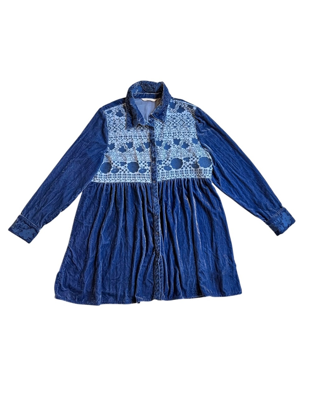 Soft Surroundings Blue Boho Velvet Embroidered Long Sleeve Button Down Tunic Top